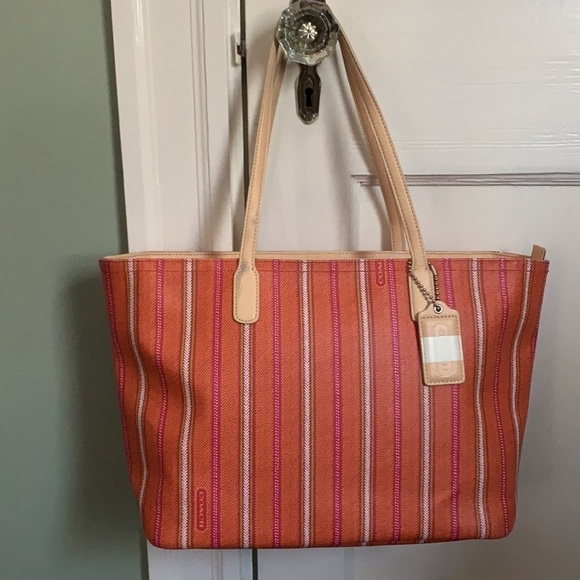Coach Legacy Weekend Ticking Stripe PVC Zip Tote - Picture 1 of 16